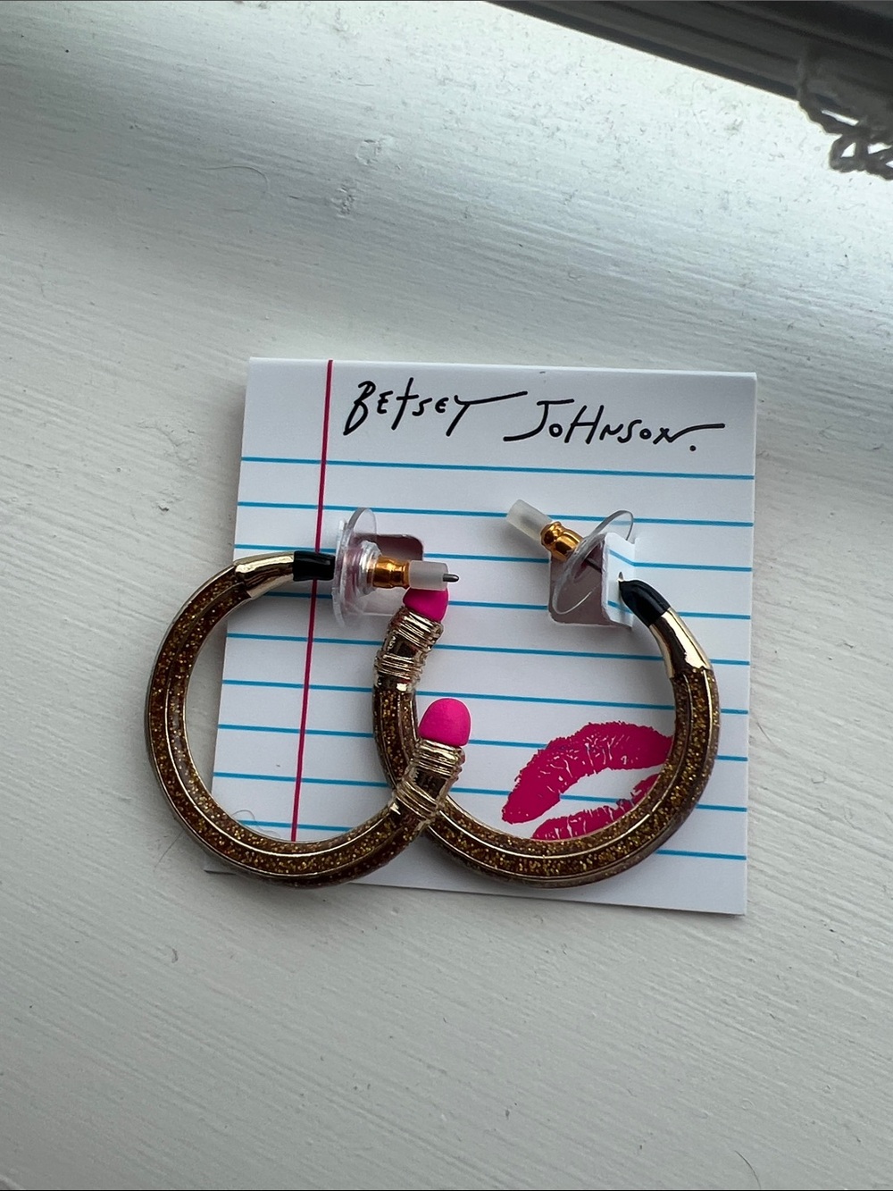 Betsey Johnson Gold Glitter Hoop Earrings with Pink Tips